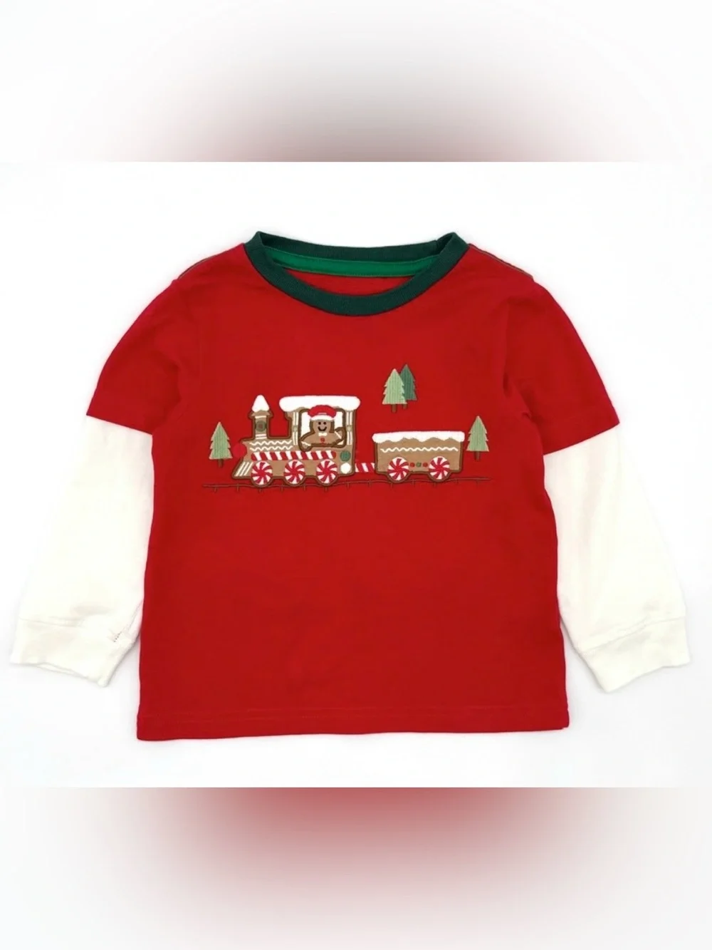EUC Gymboree Holiday Embroidered Train Layered Top - Gingerbread House - Red 2T
